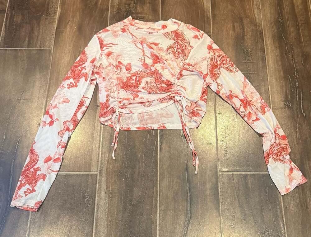 Red and White Dragon and Tiger Print Mesh Long Sleeve Ruched Crop Top